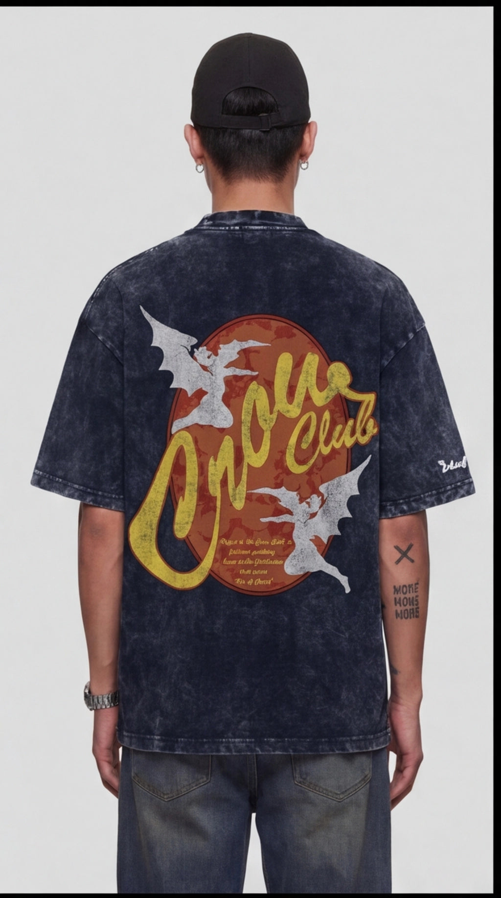 CROW CLUB Bat Graphic Acid Wash Oversized T-Shirt — Navy