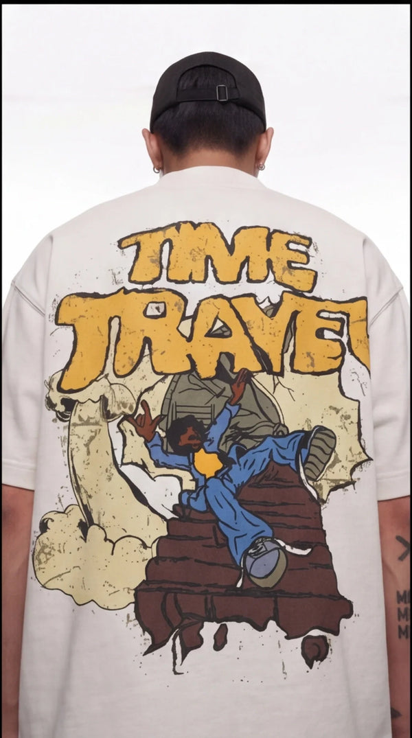 TIME TRAVELER COMIC GRAPHIC OVERSIZED T-SHIRT — CREAM