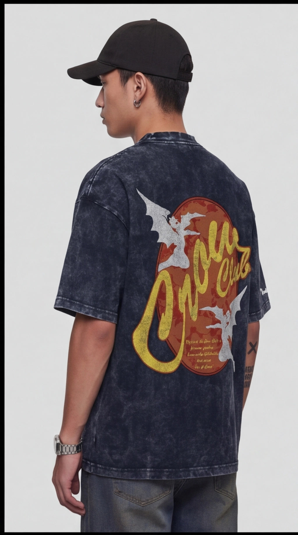 CROW CLUB Bat Graphic Acid Wash Oversized T-Shirt — Navy