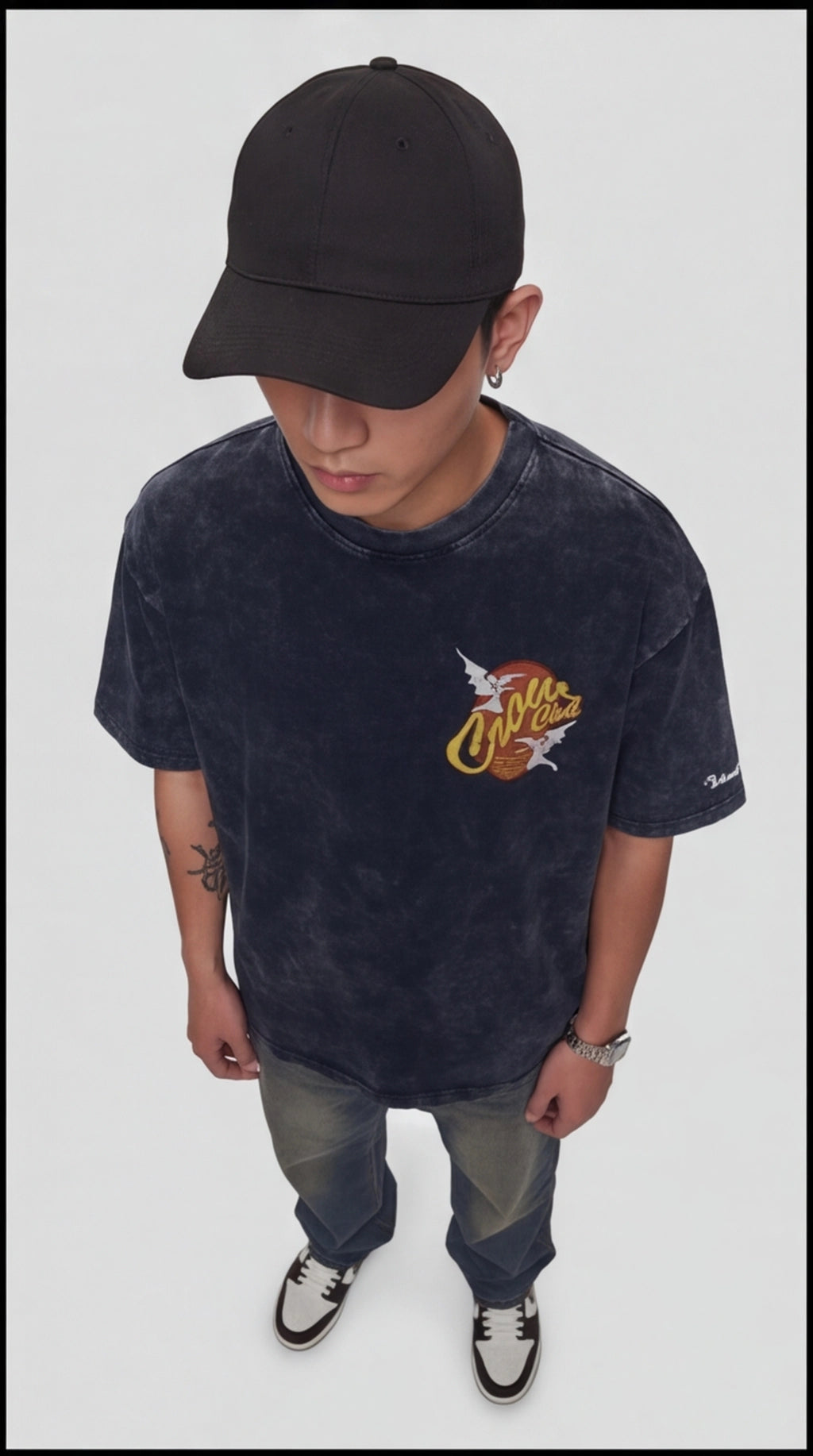 CROW CLUB Bat Graphic Acid Wash Oversized T-Shirt — Navy