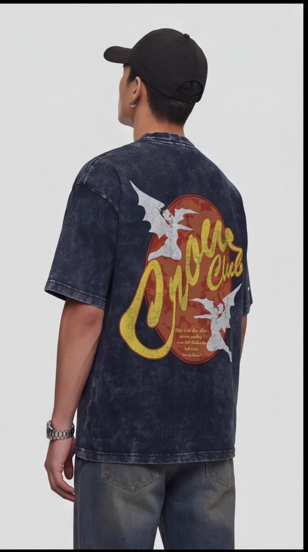 CROW CLUB BAT GRAPHIC ACID WASH OVERSIZED T-SHIRT — NAVY