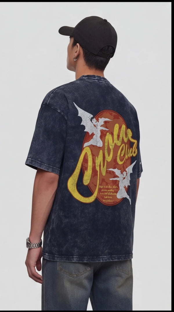 CROW CLUB BAT GRAPHIC ACID WASH OVERSIZED T-SHIRT — NAVY
