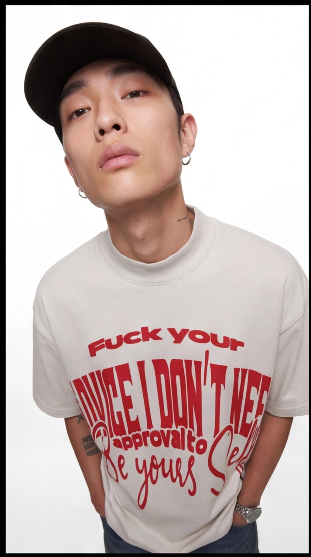 "F*ck Your Judge, I Don't Need Approval To Be Yourself" Oversized Graphic T-Shirt | Beige