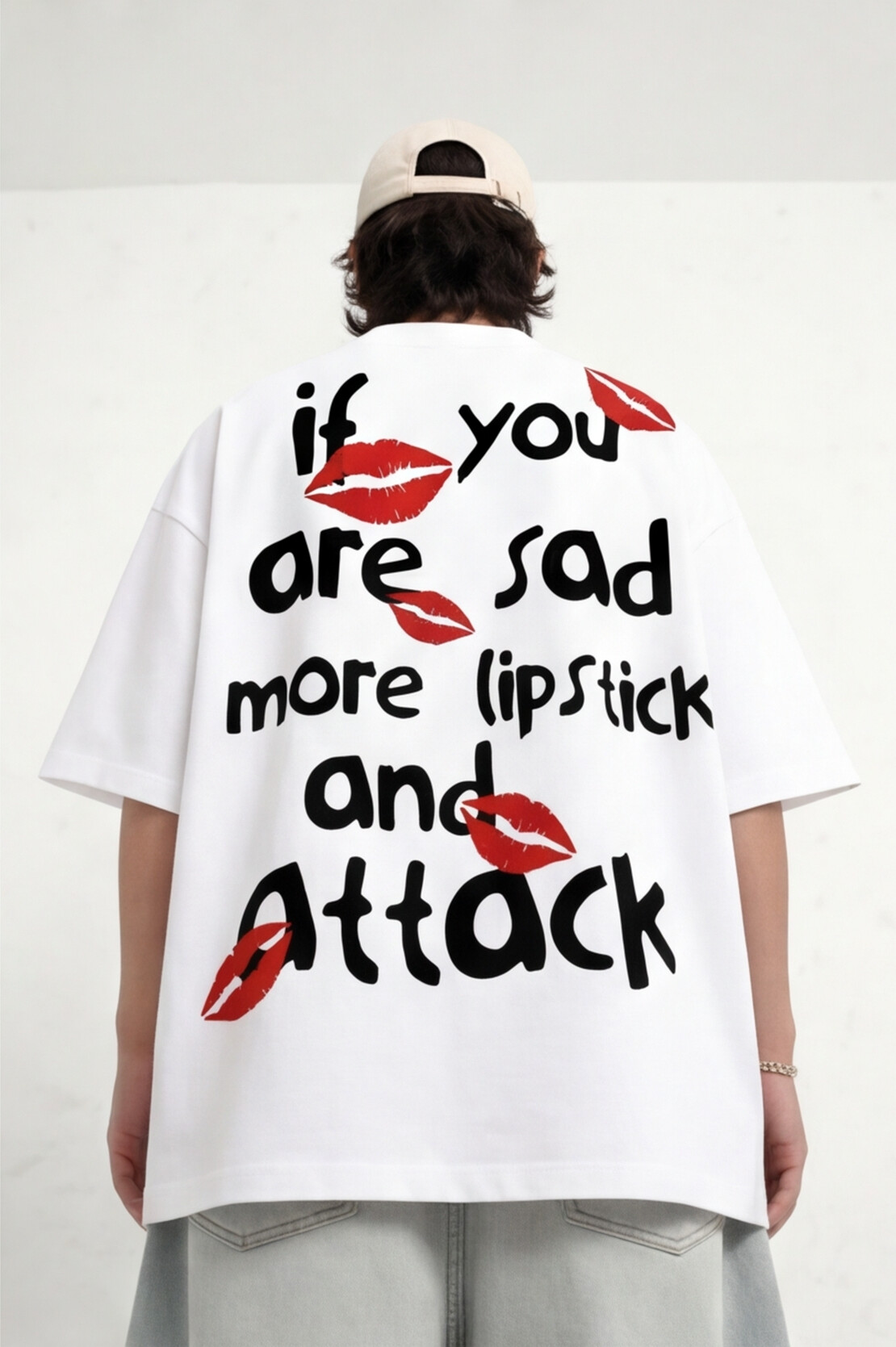 If You Are Sad, More Lipstick and Attack" Oversized Graphic T-Shirt — White