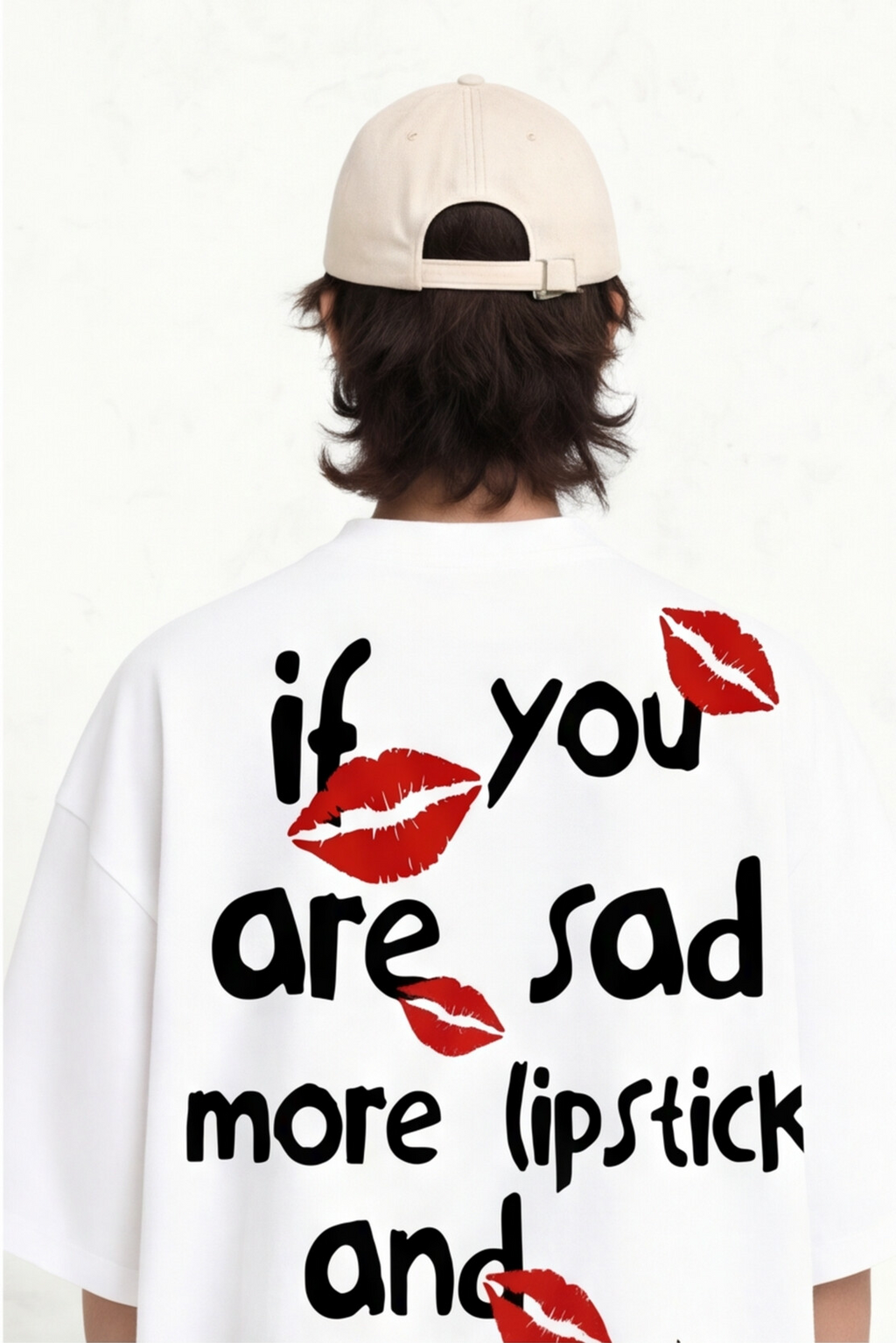 If You Are Sad, More Lipstick and Attack" Oversized Graphic T-Shirt — White