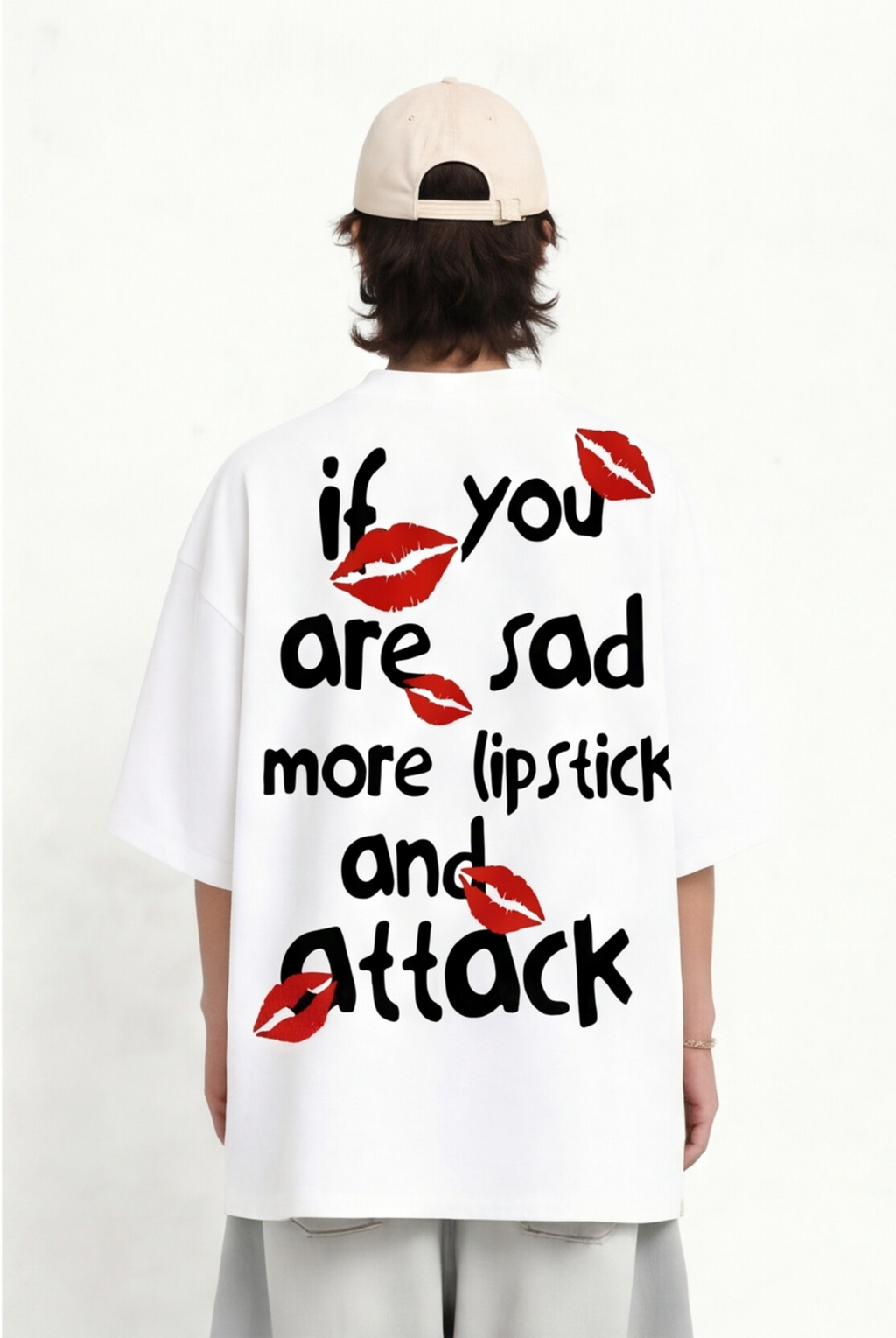 If You Are Sad, More Lipstick and Attack" Oversized Graphic T-Shirt — White
