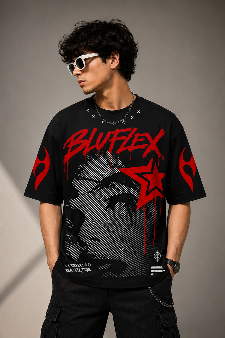 BLUFLEX Oversized Graphic Tee – Streetwear Skull Print T-Shirt