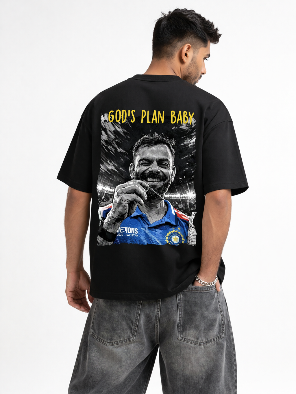 Virat Kohli #18 "God's Plan Baby" Champions Trophy 2025 Oversized Graphic T-Shirt | Black