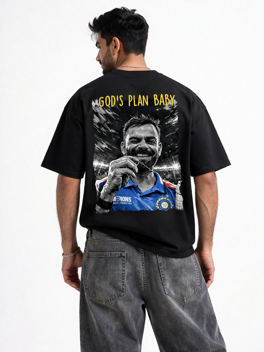 Virat Kohli #18 "God's Plan Baby" Champions Trophy 2025 Oversized Graphic T-Shirt | Black